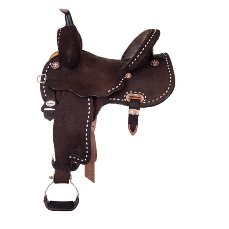 Barrel racing legend, Martha Josey, has designed – from the tree up – her Ultimate Barrel Saddles to reflect her personal style and preferences to keep you correct, balanced, and in stride with your horse. The Cash Go Round has a 1″ shorter skirt than standard, perfect for extra short backed horses. All roughout for “stick” with etched spot border and Whiskey faux elephant bicycle seat. Every Josey Ultimate is built with these key features: Horn: 4” forward slanted horn helps to push down into your turn and pull up coming out of your turn Center Pocket Seat: for centering and balance keeps the rider in stride with the horse Pay Window Swells: keeps the rider in the correct position to hold the horn and keeps the horn available Cantle: keeps you from getting behind the horse’s stride. The seat is dished so you sit in the seat and not on it, allowing you to stay in stride with the horse Free Swing, Forward Hung Stirrup Leathers: keeps the feet forward preventing the rider from being thrown forward and off balance Stirrups: 3” wide aluminum rubber grip stirrups for comfort and balance Rigging: rawhide slots or 3-Way Adjustable Ultimate ‘Wood Tree: designed to Josey’s personal style and preferences SWELL WIDTH 13" DISCIPLINE Barrel CANTLE HEIGHT 5" WEIGHT 30 pounds SEAT MATERIAL Hardseat SKIRT 13 1/2" D x 23 1/2" L TOOLING Smooth RIGGING 3-Way Adjustable In-Skirt HORN 4" Neck, 2" Cap HARDWARE Copper Cross COLOR Chocolate, Heavy Oil TREE TYPE Ultimate DURAhide Wide