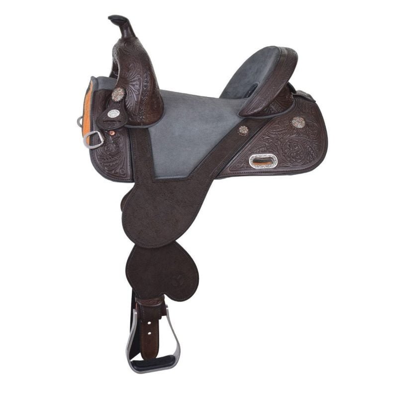 The short horn Texas barrel is classic and traditional with 1/2 floral tooling and roughout flap and fenders. A treeless design provides unrestricted movement for the horse and a close contact feel for the rider. Leg cut swells let the rider use their thighs in the turn to stay centered and balanced. Forward hung fenders keep your legs out front with a wide range of motion. Neoprene skirts absorb shock and help distribute the rider's weight. Country of Manufacture United States Brand Circle Y Weight 22.00 Pounds Cantle Height 5.00 inches Tooling Type Texas Rigging 7/8 Dropped Dee Swell 12 1/2 inches Tree Type Treeless Tooling Degree 1/2 Tooling Discipline Barrel Seat Size 13 1/2", 14 1/2", 15 1/2", 16 1/2" Skirt Length 24.00 inches Skirt Drop 13.00 inches Weight 22.0000
