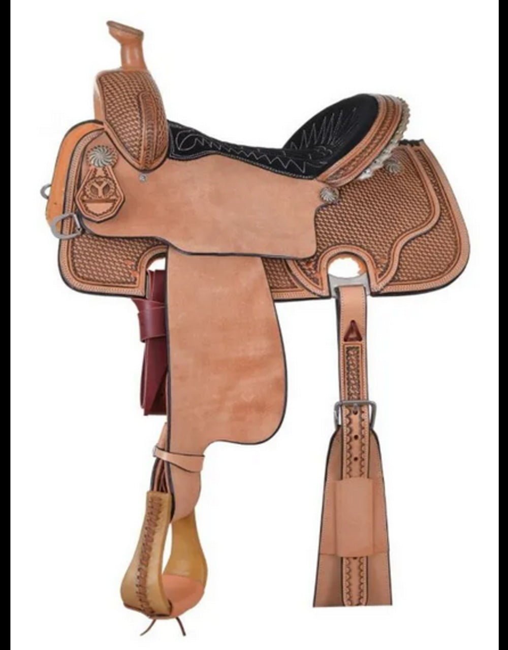 The 2164 Cheyenne all-around saddle is strong enough to rope in or lightweight to do any gymkhana events. It's tooled and handcrafted in Texas to provide you with quality that will last many years in a well-made saddle at a great price. Keep your saddle secured with the matching flank cinch that is included. Dynamic antique leather finish ties in with the color of the black suede seat, which provides stick in any event. Country of Manufacture United States Discipline All Around Weight 35.00 Pounds Cantle Height 3.50 inches Brand Circle Y Horn 3" Neck x 2 3/4" Cap Swell 13 inches Seat Color Black Suede Seat Size 12", 12 1/2", 13", 13 1/2", 14", 14 1/2", 15", 15 1/2", 16" Color Antique Tooling Degree 1/2 Tooling Tooling Type Basketweave Rigging 7/8 Double In-skirt Tree Type BGC All Around Tree Fit Regular, Wide Skirt Drop 14.50 inches Skirt Length 25.00 inches Weight 35.0000