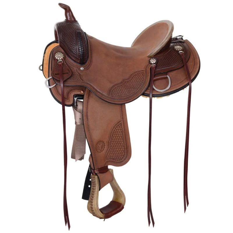 The Brazos Trail Saddle is the ultimate combination of ranch style and comfort. This beautiful saddle features a wood tree that provides excellent support regardless of your journey. Its design and comfort features, such as a tunnel skirt, neo-shock absorption skirt, and Hamley twist, are perfect for anyone looking to take their riding experiences to the next level. IDEAL FOR • Anyone who prefers a traditional western-looking saddle • For the rider that likes a moderately supportive seat with a 4" cantle. WHY YOU'LL LOVE IT • Classic wood trail trees offer traditional wood tree strength. • Neo-Shock™ skirt absorbs shock through neoprene filler and conforms to the horse's back for comfort. • Tunnel Skirt™ creates a channel in the spine area to decrease rubbing, sore spots, and pressure along the spine. Allows airflow under the saddle to reduce heat buildup. • Double Buckle rigging can be adjusted between Full, 3/4, or 7/8 rigging positions. The free swing design allows more flexibility of movement while staying secure. NOTE: Saddle should be rigged the SAME on both sides. MORE DETAILS • Hamley twist stirrup neck is pre-turned. Helps create a broken-in feel and alleviates pressure from knees and ankles found when breaking in stiff fenders on a new saddle. • Roughout leather offers more grip in the seat for the rider. • Saddles with a hardseat are a timeless choice known for their unmatchable comfort once broken in. • Lightweight, weighing in at 28 lbs. • Built with pride in Yoakum, Texas! HELPFUL TIP • The placement of the saddle on the horse's back is essential to function and comfort. The correct saddling position places the front edge of the bar BEHIND the horse's shoulder blade. This is the sweet spot where the saddle will rest comfortably without interfering with the horse's movement. • Here at Circle Y, we take saddle fit seriously! Often, we see riders over-padding on a well-fitting saddle. This can lead to poor saddle fit, saddle sores, and a sore back! It's a good rule to always check your fit and adjust pad width sizing accordingly! • Have you evaluated your horse's topline conformation? A weak topline can lead to poor saddle fit. Horses with hollows behind the shoulder, asymmetry, prominent spines, swaybacks, and downhill builds need correctional pads to ensure proper fit. Check out our correction pads at Reinsman Equestrian today to ensure your horse's comfort. Call our customer service team for more info! Discipline: Trail Weight: 28.000000 Cantle Height: 4.000000 Brand: Circle Y Horn: 3" Neck x 2 1/4" Cap Swell: 13 inches Seat Color: Hardseat Seat Color: Hardseat Color: Heavy Oil Tooling Degree: 1/2 Tooling Tooling Type: Basketweave Rigging: Free Swing Double Buckle Tree Type: Wood Trail Tree Fit: Wide Skirt Drop: 15.000000 Skirt Length: 26.000000 Country of Manufacture: United States