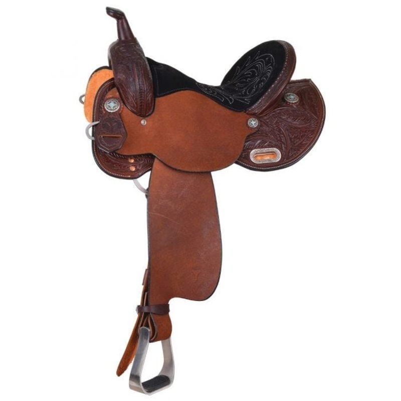 The all-new 2230 Dakota Barrel saddle from Circle Y is perfectly designed to fit foundation-style horses that need a wider fit from the shoulder to the loin. Created by popular demand, this saddle brings the top-selling High Country trail design to barrel racing, with a Buster Welch style swell and 4 1/2" cantle. The skirt is short and round so even the shortest backed horses can be comfortable and fluid in the tightest turns. You and your horse are sure to love the comfort, security, and style of this new classic! Country of Manufacture United States Discipline Barrel Weight 24.00 Pounds Cantle Height 4.50 inches Brand Circle Y Horn 3 1/2" Neck x 2" Cap Swell 13 inches Seat Color Black Suede (Gray Quilted) Seat Color Black Suede Tooling Degree 1/2 Tooling Tooling Type Feather Rigging 7/8 In-Skirt C Tree Type High Country Fiberglass Reinforced Tree Fit Wide Skirt Drop 12.00 inches Skirt Length 24.00 inches Weight 24.0000