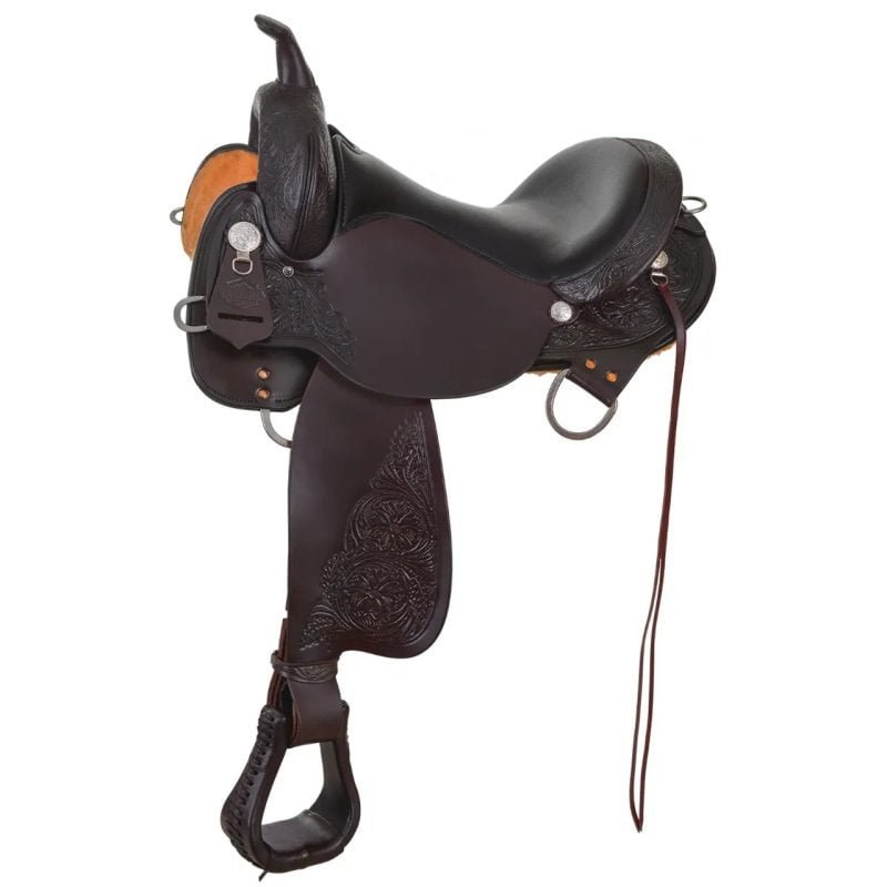The 6870 Round Rock trail saddle is designed specifically for your gaited horse with a gaited wood tree, short skirts, and Adjustable Position rigging. Rear angled dee is used to secure saddle when traveling over rough terrain, aided with your choice of rigging position to customize the fit to your horse. Double padded seat and preturned fenders for long-lasting comfort. Easy care fleece means taking care of this saddle is a breeze. Classy floral panel tooled with is accented with silver-plated conchos (featuring a protective finish for ease of care) with clip & dees front and rear and saddle strings on the rearmost conchos to tie your gear. Discipline: Trail - Gaited Weight: 30.000000 Cantle Height: 4.000000 Brand: High Horse Horn: 3 1/4" Neck x 2 1/4" Cap Swell: 13 inches Tooling Degree: 3/4 Tooling Tooling Type: Floral Rigging: Adjustable Position In-Skirt Tree Type: High Horse DURAhide™ Gaited Tree Fit: Gaited Regular Skirt Drop: 9.000000 Skirt Length: 25.000000 Country of Manufacture: United States