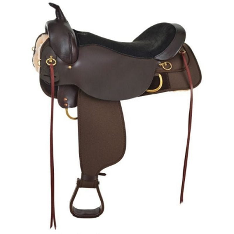 The 6923 Big Rock Trail saddle boasts an 18 1/2” seat, providing ample comfort for larger riders. Its robust construction includes an all-wood DURAhide™ covered tree for optimal strength and weight distribution. The leather components, including the horn, swell, seat, seat jockey, and cantle, are low-maintenance, while the Cordura® skirts and fenders contribute to the saddle's lightweight design. For extended rides, the double padded seat ensures comfort. The Adjustable Position In-skirt rigging offers three positions to accommodate your horse. Brass rings and footman's loops provide convenient points for securing gear and are resistant to rust.