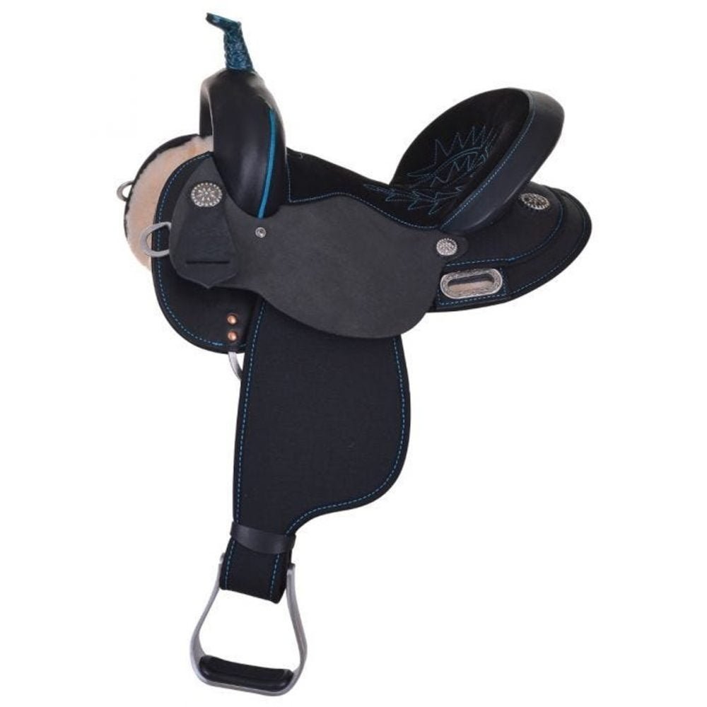 In a sport where every fraction of a second counts, the Mercury Cordura barrel saddle offers a distinct advantage with its lightweight design. Tipping the scales at a mere 20 pounds, this hybrid of leather and synthetic materials features roughout seat jockeys for enhanced grip, a 5" cantle for a secure seat, and a turquoise or hot pink rawhide braided horn with matching stitching for a distinctive appearance. Handcrafted in Yoakum, Texas, all High Horse saddles embody American value and craftsmanship.