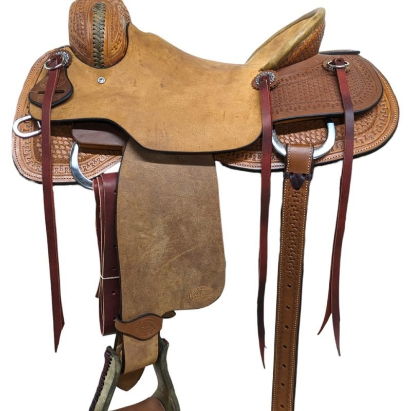 Saddle Features Rough out seat jockey and fenders Smooth leather skirt, rear housing, pommel and cantle Hard rough out seat with a rawhide pencil roll Basket weave tooling with a crazy leg border on smooth leather Double rounded edge skirt with a leg cut out Dee ring rigging Silver berry slotted conchos with tie strings Includes a rear cinch and rawhide covered stirrups Saddle Specifications Cantle Height: 3.5" Horn Height: 3" Skirt Length: Approx. 27.5" Weight: Approx. 39 lbs Tree Size: 16" Seat Size: 16" Gullet: 7.75" mid-concho to mid-concho