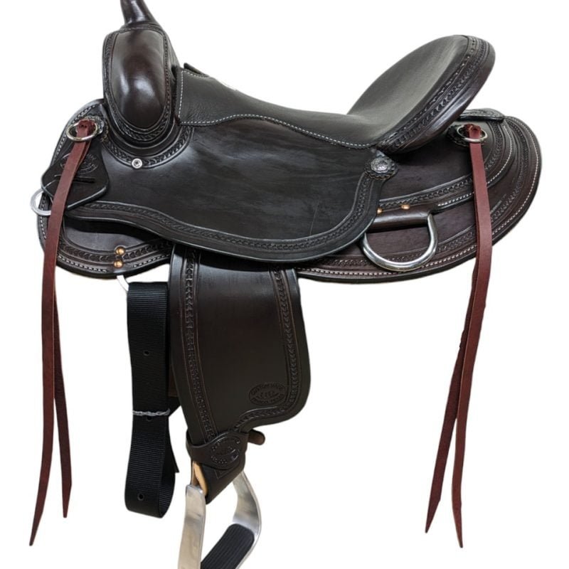 Saddle Features Smooth chocolate leather saddle Simple yet classy look Padded black leather seat with white stitching V stamped / two line border tooling Rounded skirt helps to fit a bigger variety of horses J plate rigging Silver berry conchos with front and rear tie strings and tie on rings Includes aluminum stirrups Flex Tree Saddle Specifications Cantle Height: 4" Horn Height: 3" Skirt Length: Approx. 24" Weight: Approx. 26 lbs Gullet: 7" mid-concho to mid-concho
