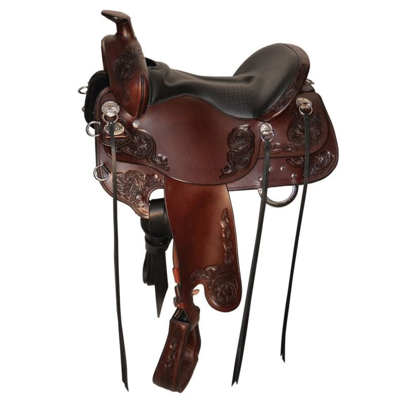 Based upon Tucker’s best-selling T60 High Plains, the Horizon series North Star has the same wide 14 1/2″ swell and deep, 5” cantle to keep you secure and supported in the saddle. The leather is truly exceptional – English bridle leather is known for its luxurious softness from the first time you use it and naturally resists moisture and the elements. With the Ergonomic seat and Gel-Cush bar liners, you and your horse will never be more comfortable! Long days and sore joints in the saddle have met their match! After a long ride, an ordinary saddle leaves your joints hurting, your back sore, and soft areas tender. Tucker Trail Saddles are known all over the world for their incredible comfort which is second to none. A Tucker Horizon series trail saddle will give you an entirely different riding experience. From the advanced saddle tree system to the ergonomic shock absorbing seat, experience the most advanced equine riding system available. It’s more than another trail saddle – it’s the Horizon series by Tucker. Discipline: Trail Weight: 31.000000 Cantle Height: 5.000000 Brand: Tucker Horn: 2 1/2" Tall Swell: 14 1/2 inches Seat Color: Black Grainout Seat Size: 15 1/2" Color: Brown Tooling Degree: 1/2 Tooling Tree Fit: Extra Wide Skirt Length: 25.000000 Country of Manufacture: United States Color: Brown