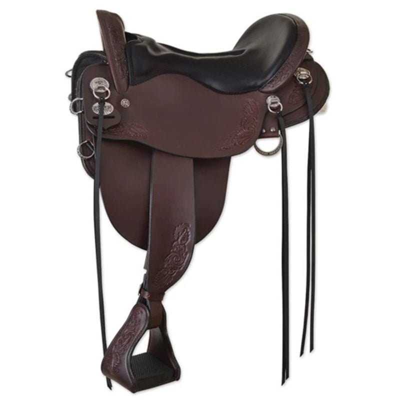 After more than 35 years of perfecting ultimate trail comfort, the Tucker trail saddle has evolved into the most advanced equine riding system available today. This saddle features an ergonomic shock absorbing seat and has the most advanced saddle tree system. The brown English bridle leather is beautifully hand crafted and has a stunning design alongside the plantation style fenders. Features a narrow twist and close contact feel. Chrome hardware with engraved Tucker logo conchos and rings. You can ride longer than you ever thought possible because of the ergonomic shock-absorbing seat with a relief area. Go the distance with the Compass Rose Saddle! Weight: Approx. 28 lbs Gullet: 7" mid-concho to mid concho Finished Seat Size: 16" Skirt Length: 24" Tree Size: 16.5"